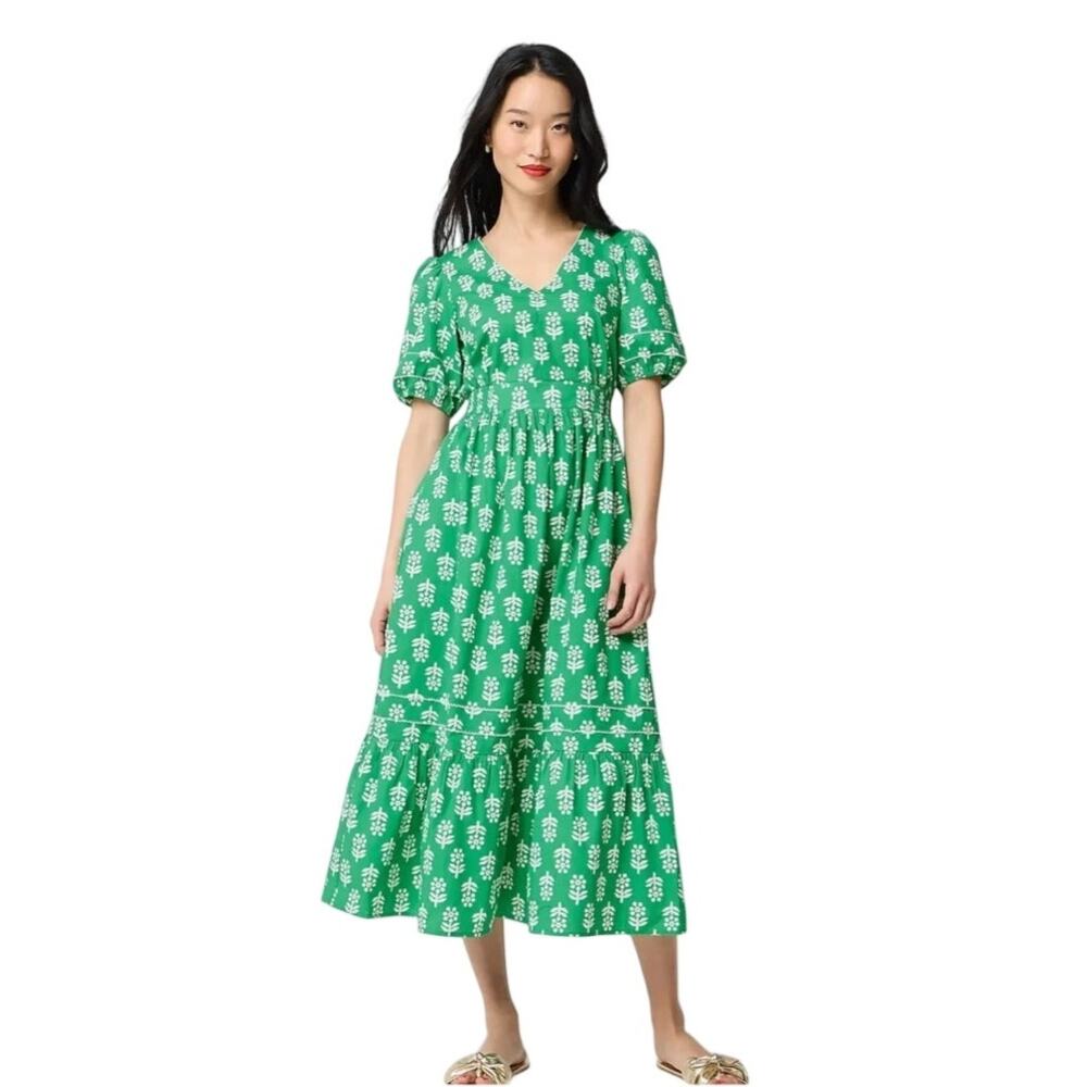 J.Crew Green White Block Print Puff Sleeve Midi Dress Size 10 Cotton 2026 Style